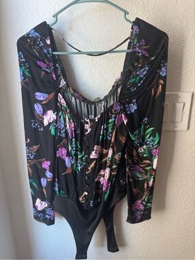 AFRM Black Floral Scoop-Neck Bodysuit with Purple & Green Accents